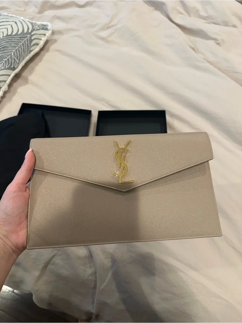 Saint Laurent Envelope Clutch in Beige with Gold YSL Emblem